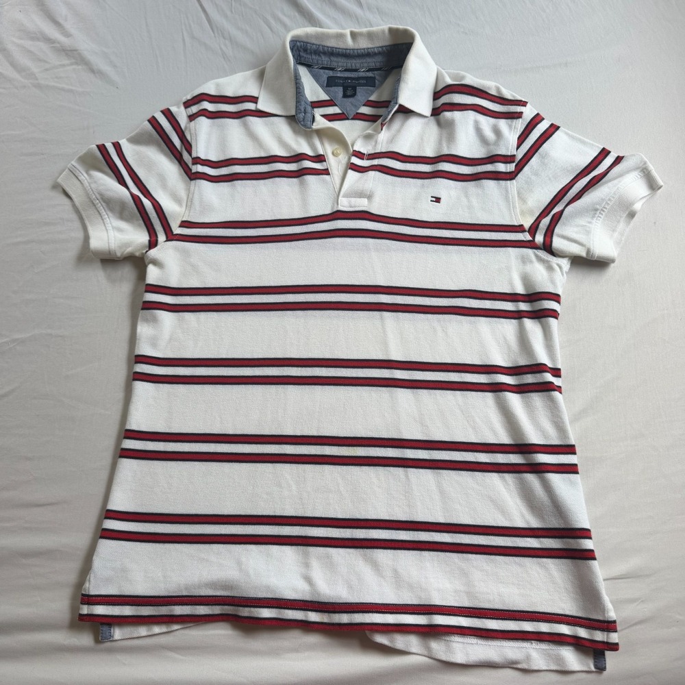 Tommy Hilfiger Red Striped White Polo Shirt Mens Medium Short Sleeve Golf Cotton